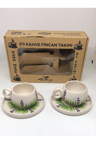 Mor Yeşil Desenli El Yapımı 2'li Seramik Kahve Fincan Takımı Çok Renkli