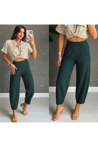 Defymoda Kadın Yüksek Bel Krep Pantolon Yeşil
