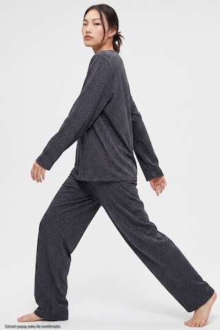 Siyah İnci Leopar Baskılı Örme Pijama Takım 8078 Antrasit Leopar
