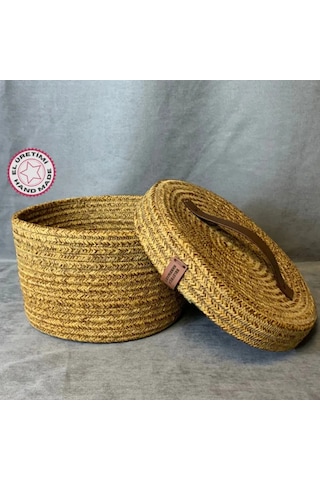 Uretti - Fatma 7987 - El Yapımı Bambu İp Deri Saplı Kapaklı Çok Amaçlı Organizer Sepet Kahverengi