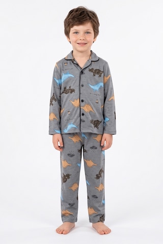 Fullamoda Dinozor Desenli Düğmeli Erkek Çocuk 2 Li Pijama Takımı Füme