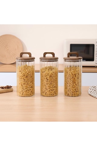 Borosilikat Cam Vakumlu Kavanoz 1250 Ml Akasya Kapaklı Bakliyat & Baharat Kavanozu 3 Adet Şeffaf