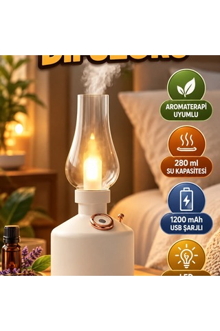 Gaz Lambası Tasarımlı Aromaterapi Difüzörü 280 Ml, 1200 Mah Usb Şarjlı, Led Aydınlatmalı