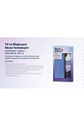 Quick&Shine Tv&Bilgisayar Ekran Temizleyici 200Ml
