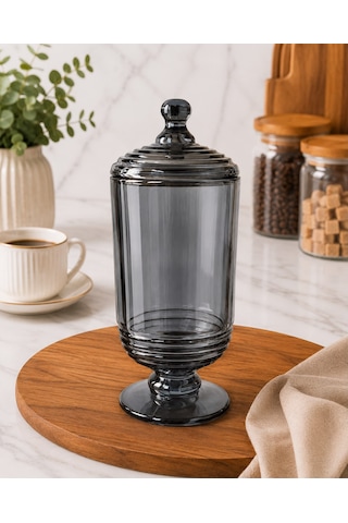 Chacha Home Halkalı Cam Kapaklı Ayaklı Drajellik & Şekerlik 780 Ml - 24 Cm Füme