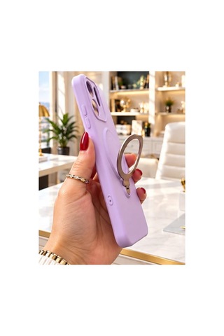 Oppo Reno 13f İle Uyumlu 360 Derece Dönebilen Kalın Metal Magsafe Halka Stantlı İçi Kadife Korumalı Ultra Lüx Premium Silikon Kılıf Lila