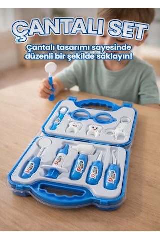 Dişçi Minikler - Mavi Çantalı 10 Parça Alet Ve Ekipmanlı 2 Tane Büyük Dişli Eğitici Oyuncak Seti 1