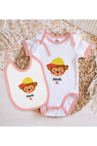 Bk Kids Havalı Ol Tasarımlı Pembe Bebek Body Zıbın Ve Mama Önlüğü Çok Renkli