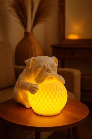 Bulldog Tasarımlı 3d Dekoratif Masa Lambası, Estetik Çocuk Odası Gece Lambası, Tealight 25 X 25 Cm Beyaz