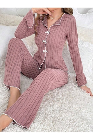 Bella Notte Gül Kurusu Uzun Kollu Fırfırlı Pijama Takımı Beyaz
