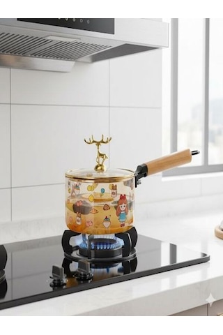 Borosilikat Cam Amber Geyik Kapaklı Sos Tenceresi - Yumurta Tenceresi 1500 Ml Amber