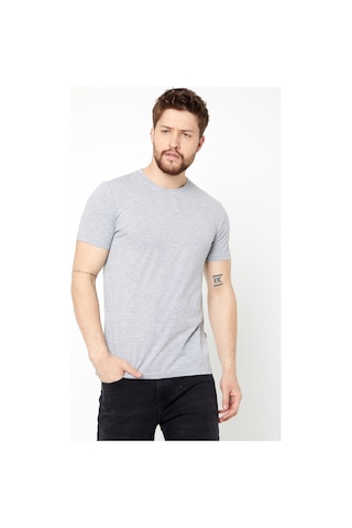 COMEOR Erkek Gri Slim Fit Pamuklu Kısa Kollu Bisiklet Yaka T-shirt Gri
