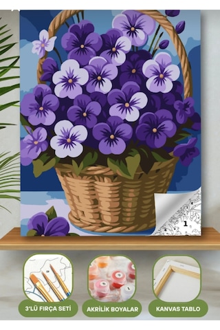 Denic Sayılarla Boyama Seti 40x50 Cm (Çıtalı) Fırça Boya Dahil Numaralı Tuval Sepet Mor Çiçekler