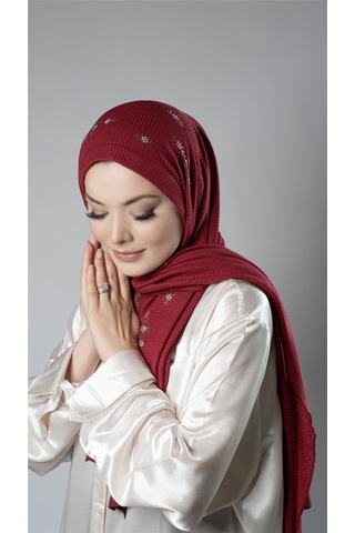 Hürrem Bone Bordo Pratik Hazır Geçmeli Tesettür Şal Örme Kumaş Taşlı Çiçek Desenli 2118c 16
