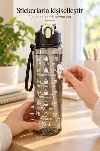 Madamev 3lü Motivasyonel Suluk Matara Seti 2000+750+280ml Pipetli Sticker Askılı Spor Okul Su Şişesi Siyah