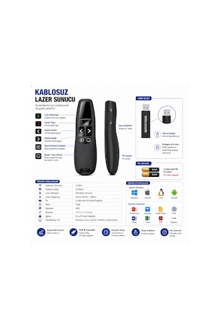 Kablosuz Lazer Sunum Kumandası 30m Powerpoint Presenter Usb Lazer Pointer 200m