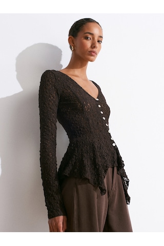 Dilvin 60433 Düğmeli Peplum Dantel Hırka-koyu Kahve Koyu Kahverengi