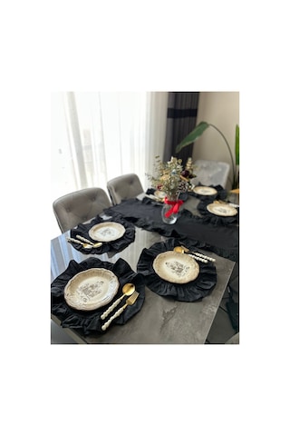 Morlay 7 Parça Fırfırlı Sofra Sunum Seti 6 Adet Amerikan Servisi Supla + 1 Adet Fırfırlı Runner - 40x110 Cm Siyah