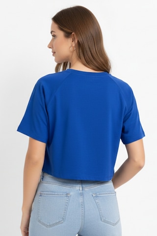 Soft&Basic Kadın Nakışlı Regular %100 Organik Pamuk Yuvarlak Yaka Kısa Crop T-shirt Mavi