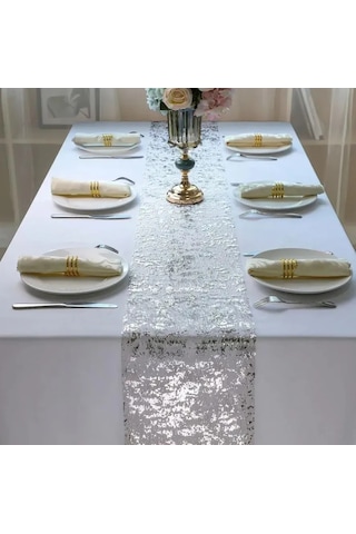 Mufunye Premium Sentetik Masa Örtüsü, 28x270 Cm, Dayanıklı Ve Lüks Altın Desenli, Dıy Projeler İçin İdeal Gümüş