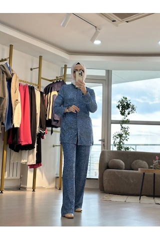 Touche Denim Efektli Payet Pantolon Mavi