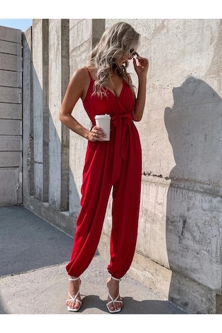 Efnaz Style Kadın Ip Askılı Kruvaze Yakalı Belden Kuşaklı Uzun Sandy Tulum Kırmızı