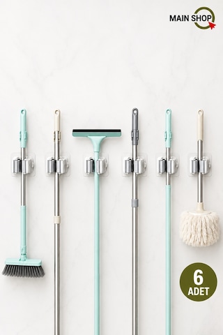 Mainshop 6 Adet Yapışkanlı Pratik Mop Temizlik Fırçası Tutucu Asma Askı Aparatı Paspas Tutucu M-310 Beyaz