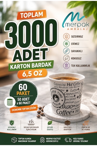 Karton Bardak 6,5 Oz 3000'li Sızdırmaz Erimez Kağıt Bardak