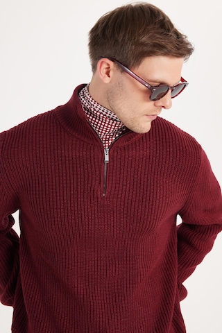 Tudors Erkek Slim Fit Dar Kesim Fermuarlı Bordo Dik Yaka Triko Kazak-34925 Bordo