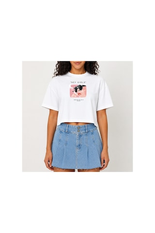 Urbantrendstore Crop Tişört Beyaz Hey Girl Baskılı Rahat Kesim Raw Cut Basic Kısa Tshirt