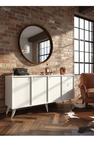 Resital Konsol - Gk2001-1 - Gold Modern 180 Cm Çekmeceli Ve Kapaklı Salon Konsolu - Çok Amaçlı Büfe Beyaz