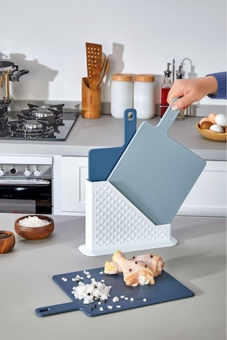 4 Parça Standlı Kesim Tahtası Seti - Ekmek/ Et/ Sebze Kesme Tahtası - Küçük - Mavi Mavi