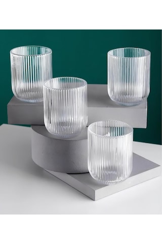 Lucca Minimalist Çizgili Şeffaf 4'lü Cam Su Meşrubat Bardağı - 280 Ml