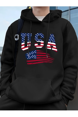 Startmore Tarzsokak Abd Amerika Bayrağı Baskı Erkek Tişörtü Kış Polar Sıcak Kapüşonlular Temelleri Büyük Boy Cep Siyah