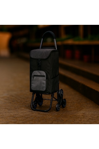 Sessiz 3 Tekerlekli Pazar Arabası Su Geçirmez, Fermuarlı Çantalı Siyah