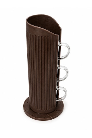 3'lü 100ml Espresso Cortado Türk Kahvesi Fincanı Seti Çift Cidarlı Bardak Ve Dikey Bardak Standı Kahverengi