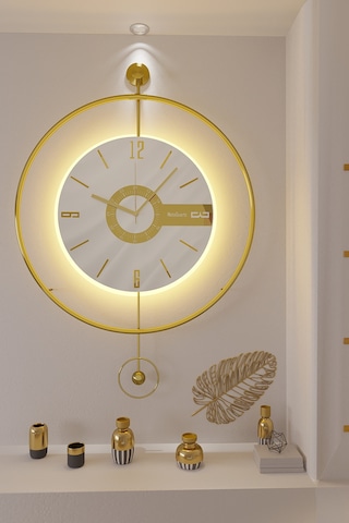 MetaQuartz Aksesuar Büyük Boy 50 x 75 CM Gold Elit Three (Pilli Led Sistemi) Modern Dekoratif Metal Duvar Saati Gold