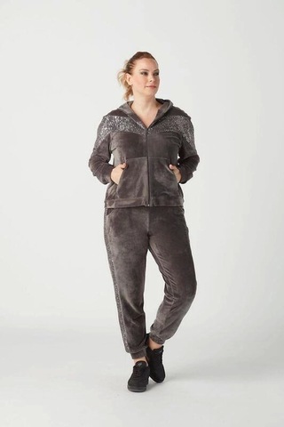 1927 Gri Tam Kalıp Tarz Kapüşonlu Kadife Büyük Beden Eşofman Takımı Gri