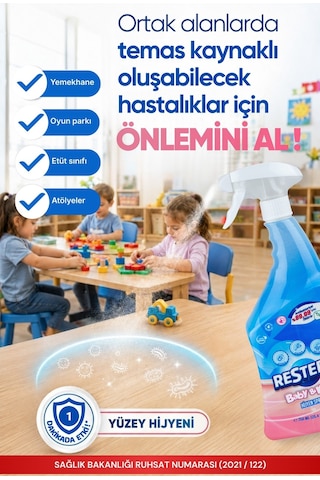 Resteril Bebek Yüzey Temizleyici Durulanmayan Çok Amaçlı Dezenfektan Sprey Mama Sandalyesi Oyun Matı Oyuncak Hijyen Spreyi Baby Kids 750 ML