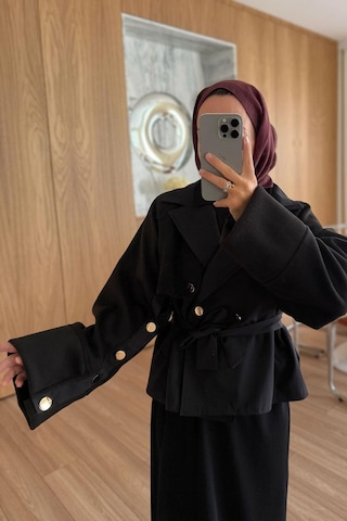 Kahijab Gold Düğme Kolları Kaşe Trençkot - Siyah