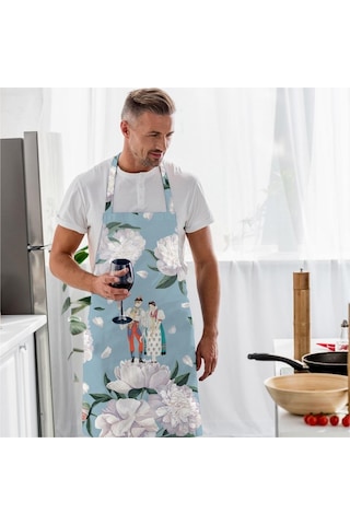 Blue-white Rose Mutfak Önlüğü Beyaz Güllü, Keten Kumaş, Uluslararası Yıkama Ve Solmama Sertifikası Çok Renkli