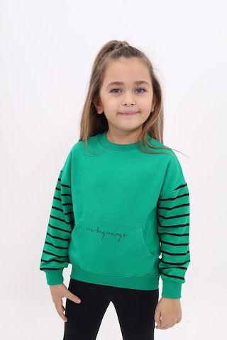 Kız Çocuk Relax Fit Bisiklet Yaka Cepli Baskılı Sweatshirt - Kolu Çizgili & 2 İplik Çimen Yeşili