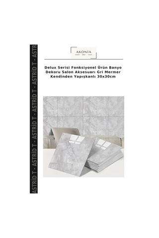 Delux Serisi Fonksiyonel Ürün Banyo Dekoru Salon Aksesuarı Gri Mermer Kendinden Yapışkanlı 30x30cm