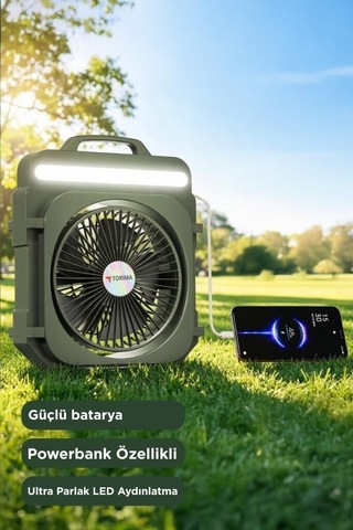 Premium Serin Kampçı Donanım Şarjlı Masaüstü Vantilatör Kamp Tipi F53 Yeşil