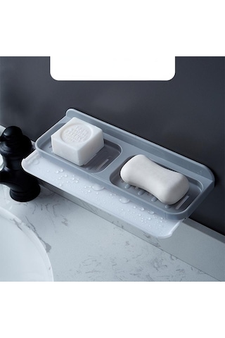Gri Çift Izgaralı Sabunluk Şampuan Saklama Mutfak Banyo Süngerlik Gri