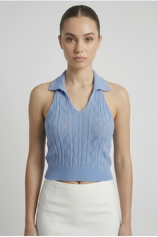 Neden Tekstil Kadın Polo Yaka Sırt Dekolteli Crop Bluz - Mavi