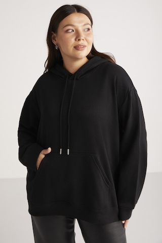 ETHIQUET TEREZABB Kadın Içi Polarlı Yumuşacık Comfort Fit Kapüşonlu Kanguru Cep Siyah Büyük Beden Sweatshirt