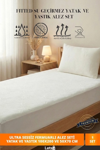 Premium Sıvı Geçirmez Tek Kişilik Alez + Yastık Alezi Seti Ultra Sessiz Fitted Yatak & Fermuarlı Y Çok Renkli