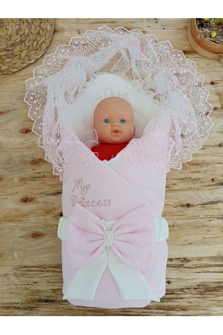 Bal Peteği My Princess Taç Nakış İnci Fiyonklu Dantel Duvaklı Delüks Kundak Bebek Battaniyesi Pembe