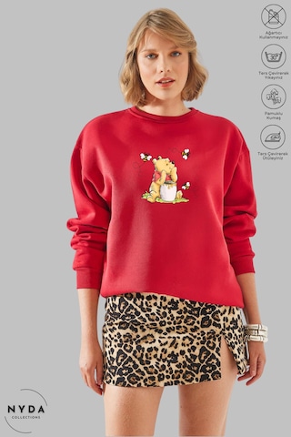 Unisex Uzun Kollu Winnie The Pooh Baskılı Bisiklet Yaka Kapüşonsuz Şardonlu Oversize Sweatshirt Kırmızı